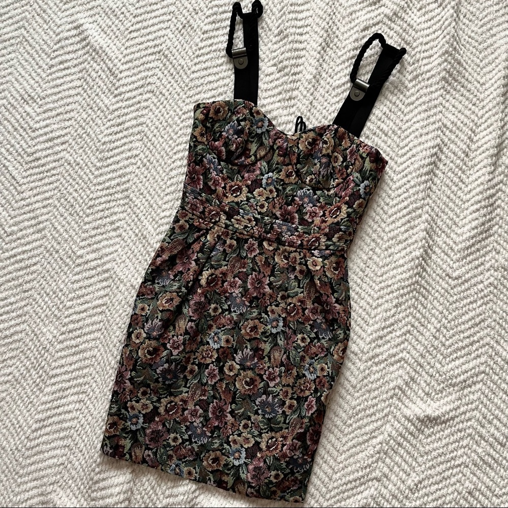 BCBGENERATION Vintage Pleated Floral Mini Zip Up Rope Sleeve Dress in Size 0